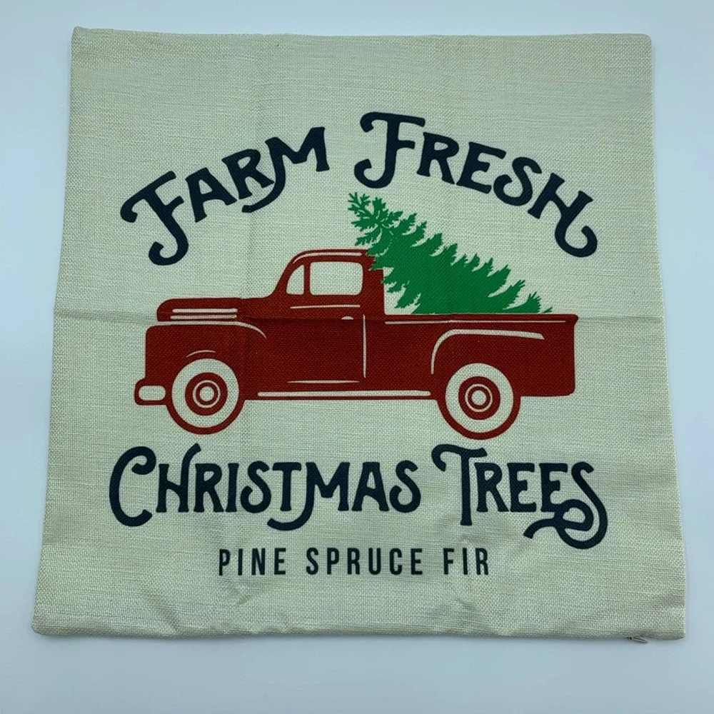 Decorative Pillowcase Burlap Tan Red Green Merry Christmas Holiday Truck Tree - Picture 2 of 6